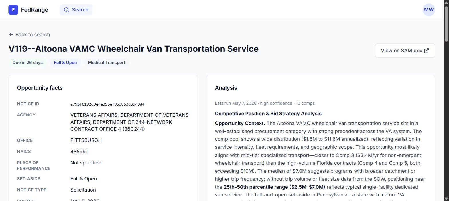 The Altoona VAMC analysis panel with rendered Markdown narrative, Comp 3/4/5 references, and a $7.0M median highlight.