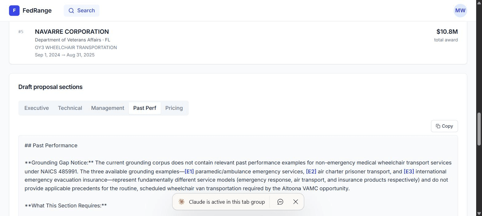 Past Performance tab with Grounding Gap Notice.